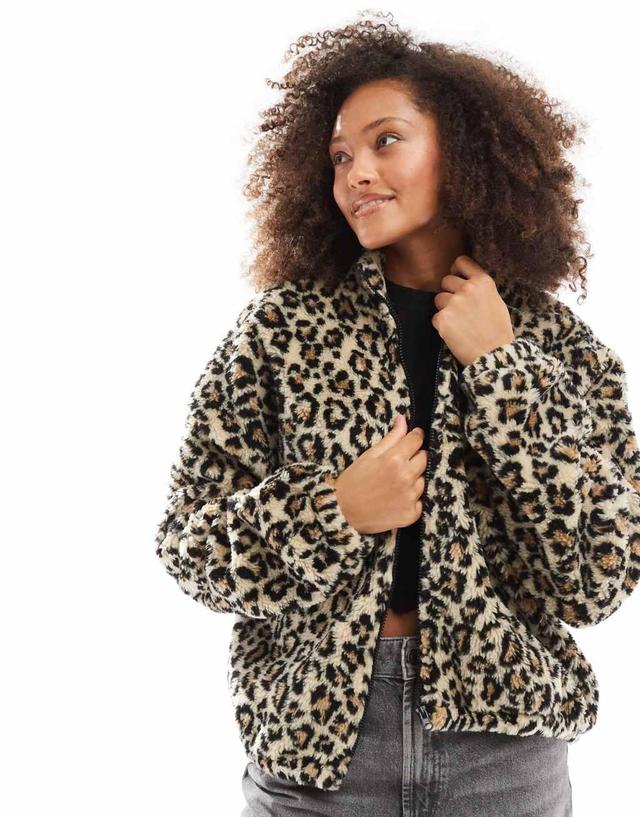 ASOS DESIGN borg zip up jacket in leopard print Product Image