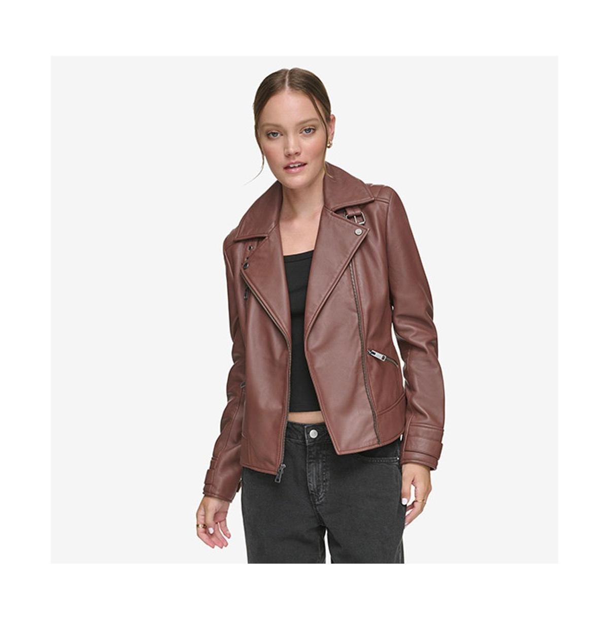 Salla Smooth Asymmetrical Lamb Womens Leather Moto Jacket Product Image