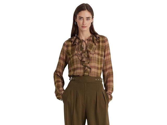 Lauren Ralph Lauren Plaid Ruffle Trim Split Round Neck Long Sleeve Blouse Product Image