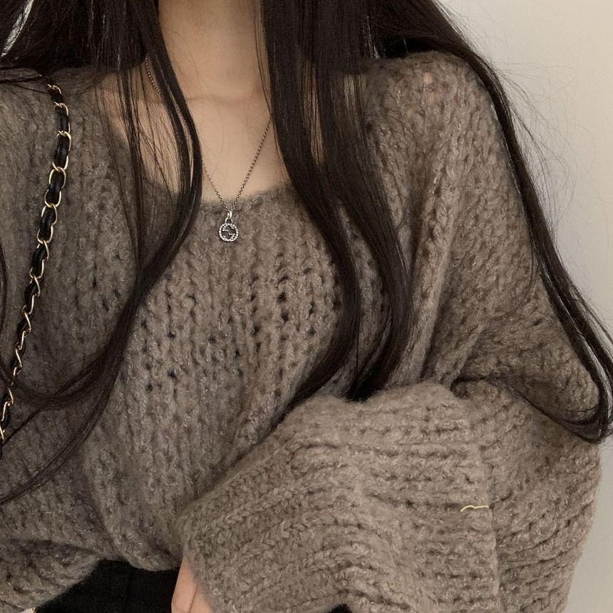 Puff-Sleeve Plain Chunky Knit Sweater Product Image