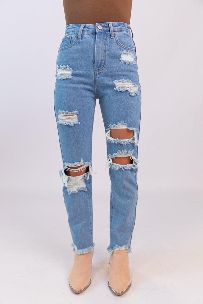 Megan Light Wash Distressed Straight Leg Mom Jeans Product Image