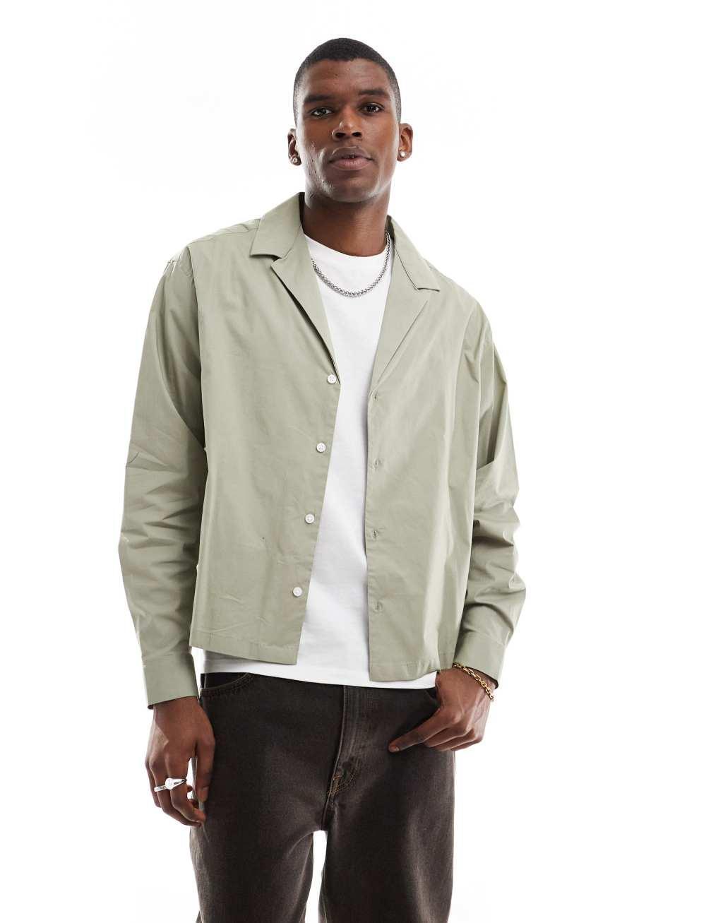 ASOS DESIGN boxy oversized poplin shirt with deep revere in pale green Product Image