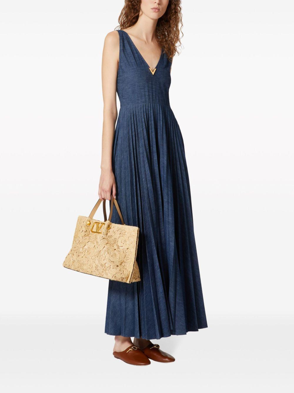 Pleated Denim Maxi Dress In Medium Wash Product Image