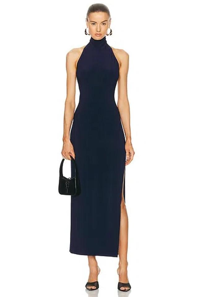 NORMA KAMALI Halter Turtle Side Slit Gown In Pewter Product Image