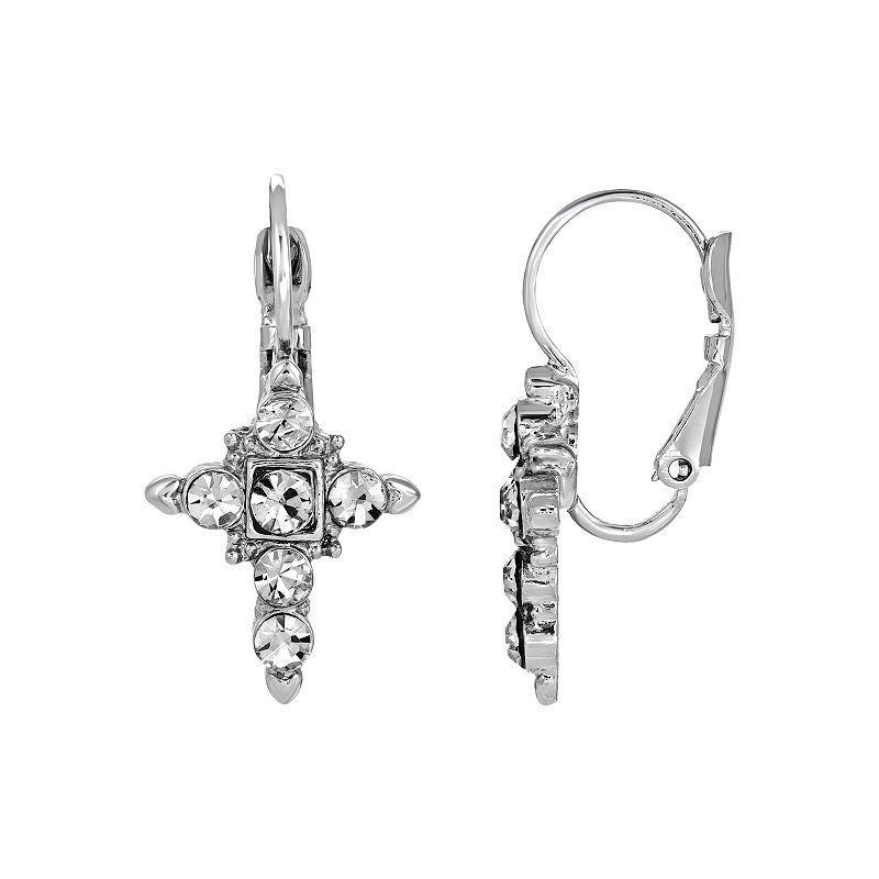 Symbols of Faith Silver Tone Simulated Crystal Cross Earrings, Womens Product Image