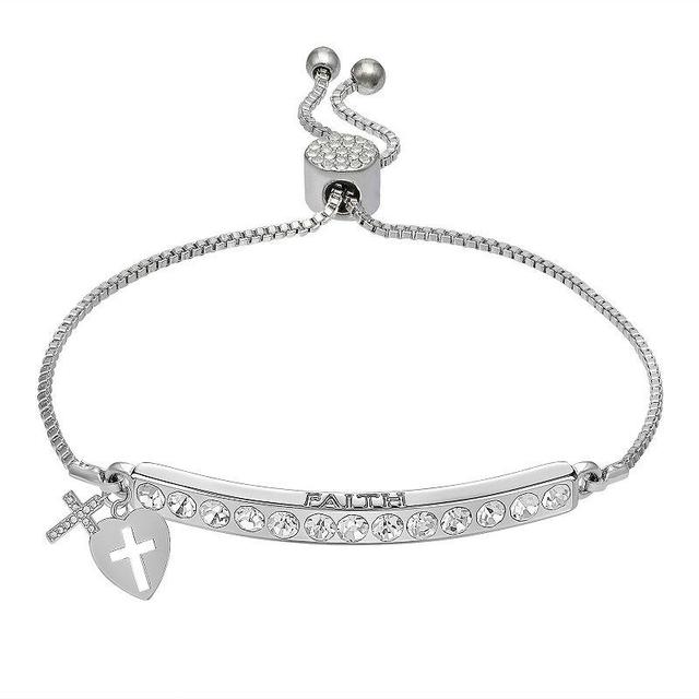 Brilliance Crystal Cross & Heart Charm Adjustable Bar Bracelet, Womens Silver Tone Product Image