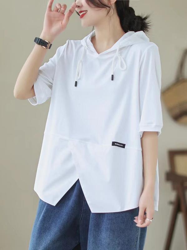 Loose Short Sleeves Drawstring Split-Joint Hooded T-Shirts product image