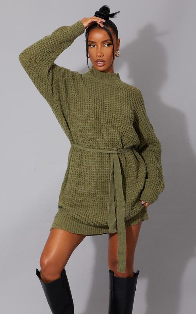 Khaki Soft Belted Knitted Sweater Dress Product Image