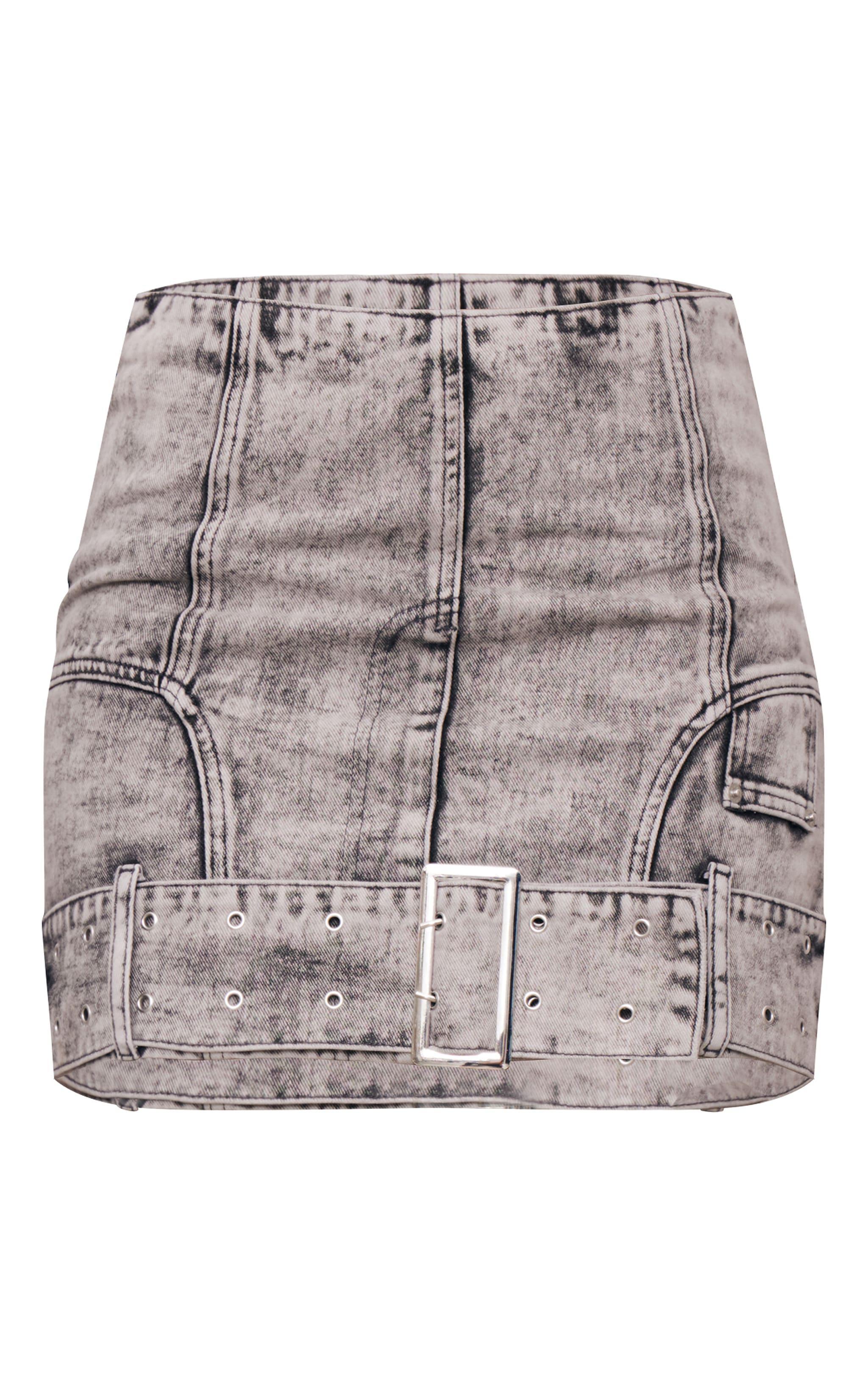 Tall Washed Grey Belt Detail Denim Mini Skirt Product Image