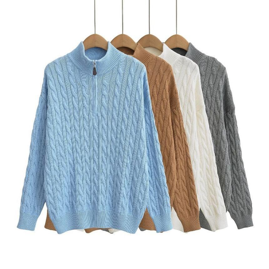 Stand Collar Plain Cable Knit Half-Zip Sweater Product Image