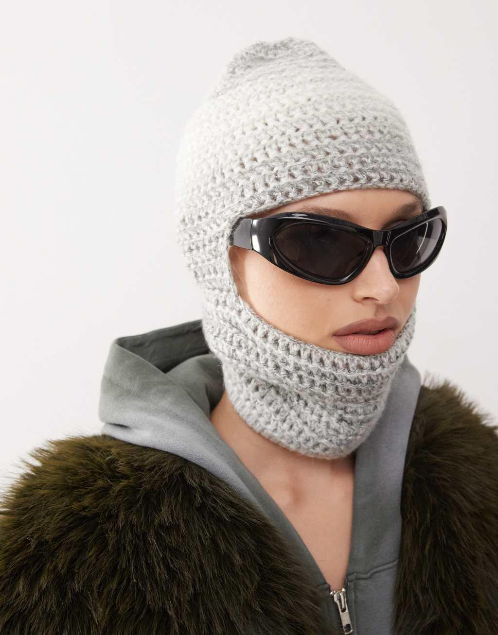 COLLUSION open stitch space dye balaclava in gray Product Image