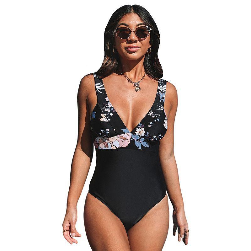 Womens CUPSHE Floral V-Neck Wide Strapped One Piece Swimsuit Product Image