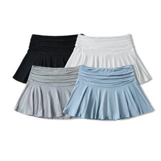 High Waist Ruched Plain Mini Pleated Skirt Product Image