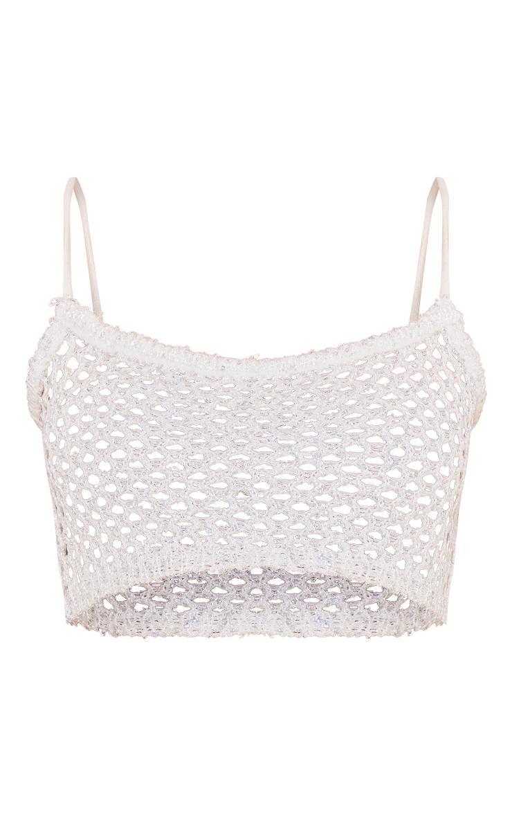  Tall White Sequin Strappy Fishnet Crop Top Product Image