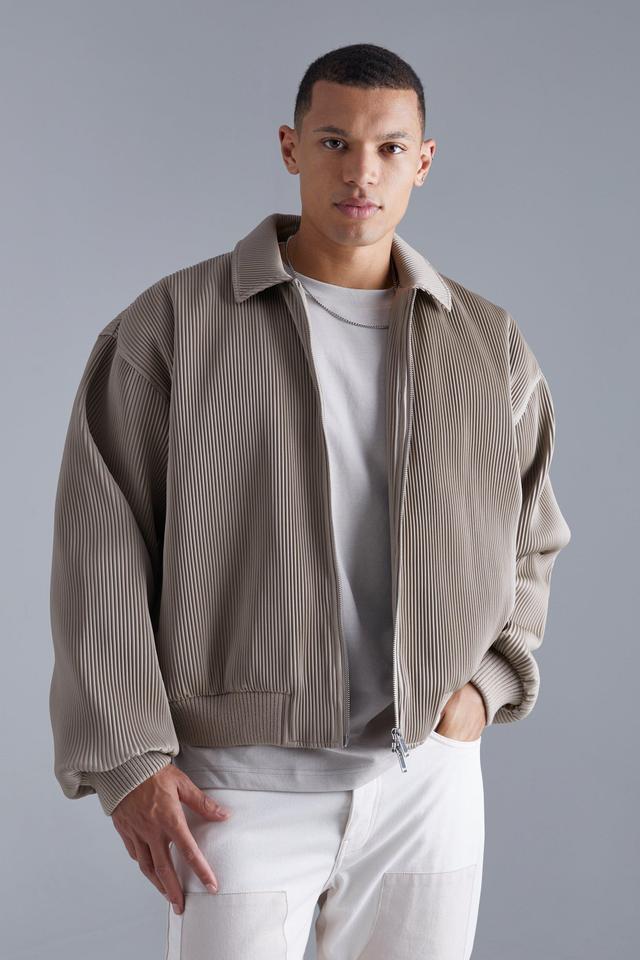 Tall Boxy Pleated Faux Leather Harrington | boohooMAN USA Product Image