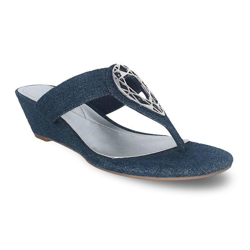 Impo Guiness Womens Memory Foam Thong Wedge Sandals Blue Product Image