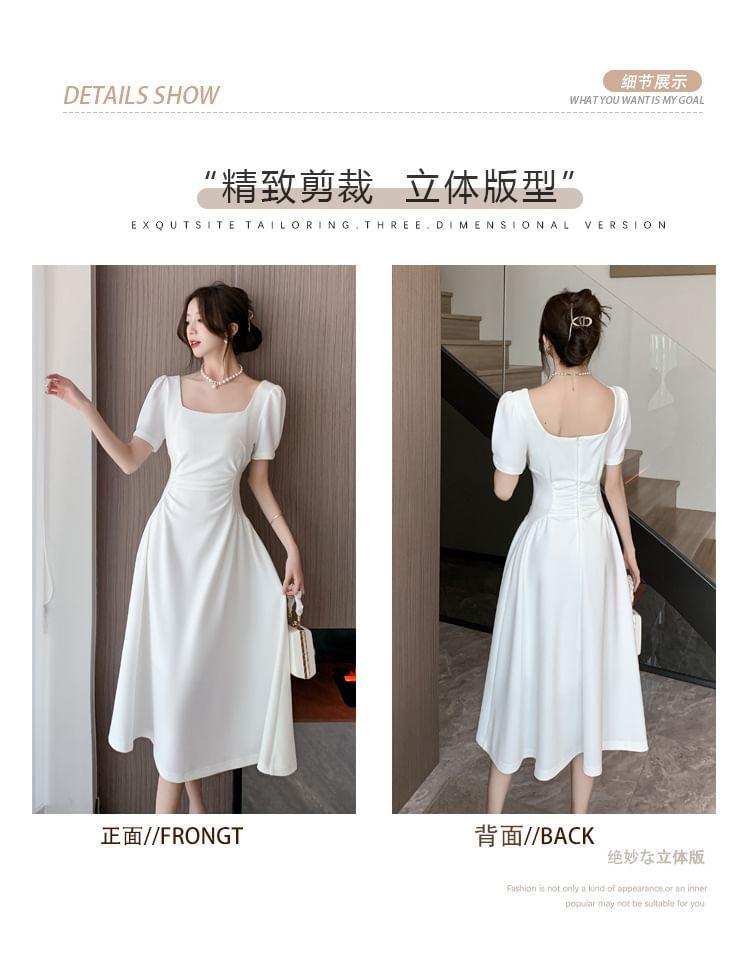 Short-Sleeve Square Neck Plain Ruched Open Back Midi A-Line Dress Product Image