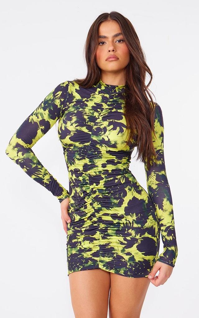 Multi Printed Slinky High Neck Ruched Long Sleeve Bodycon Dress Product Image