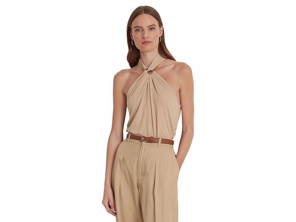 LAUREN Ralph Lauren Stretch Jersey Ring-Front Halter Top (Birch Tan) Women's Clothing Product Image