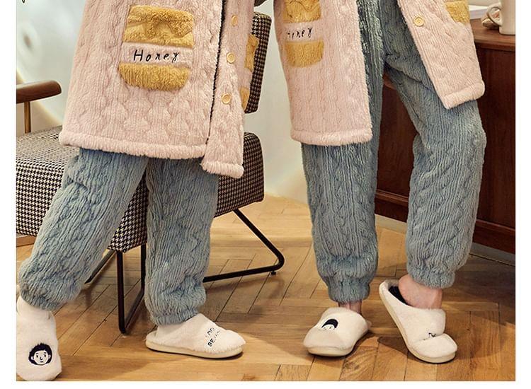 Couple Matching Pajama Set: Color Block Hood Coral Fleece Button Jacket + Straight Leg Pants Product Image