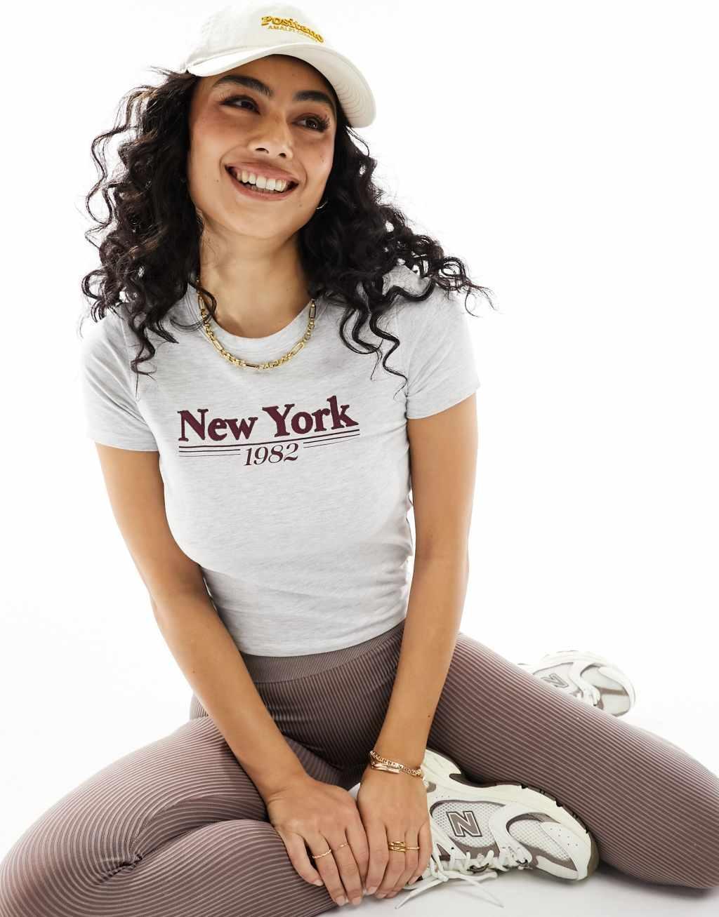 Cotton On fitted shrunken T-shirt in gray with New York graphic  Product Image