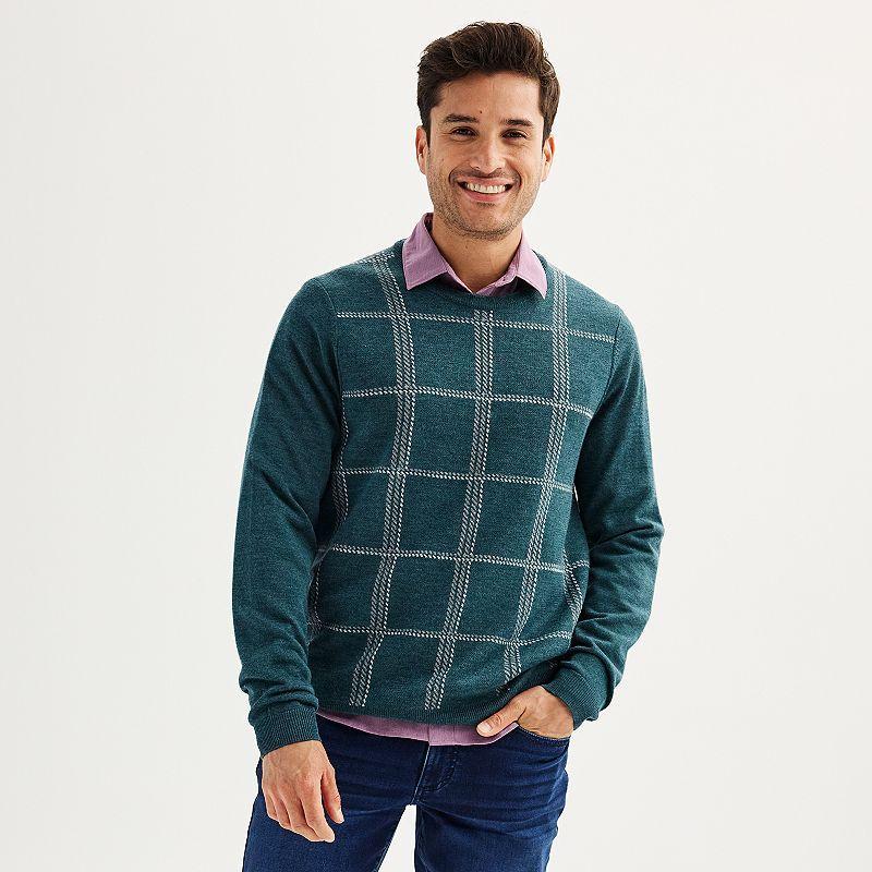 Mens Apt. 9 Merino Wool Plaid Crewneck Sweater Blue Product Image