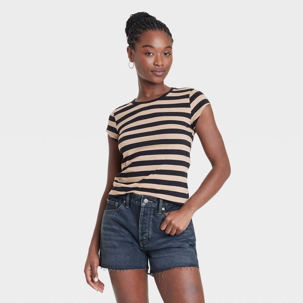 Women's Short Sleeve T-Shirt - Universal Thread™ Black/Tan Striped S Product Image