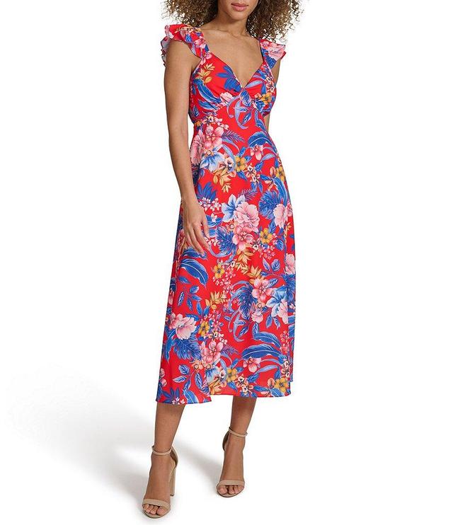 SIENA Floral Print V-Neck Flutter Sleeve Back Cutout Midi Dress Product Image