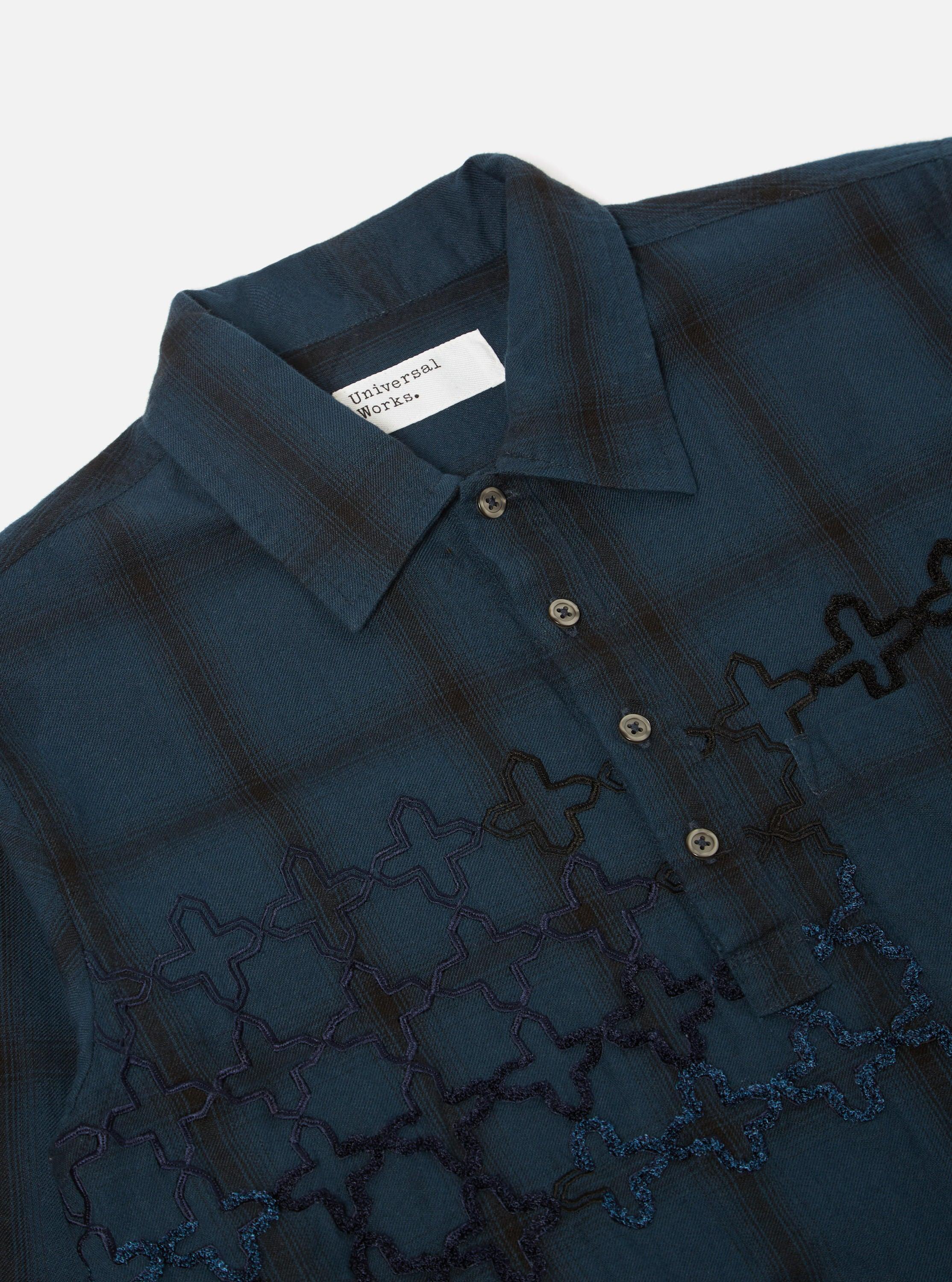 Universal Works L/S Pullover Shirt in Navy Embroidered Shadow Check Product Image