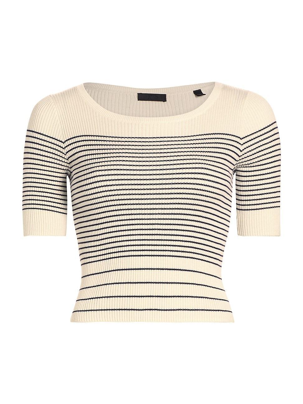 Silk and Cotton Mixed Stripe Short-Sleeve Crew Sweater Product Image