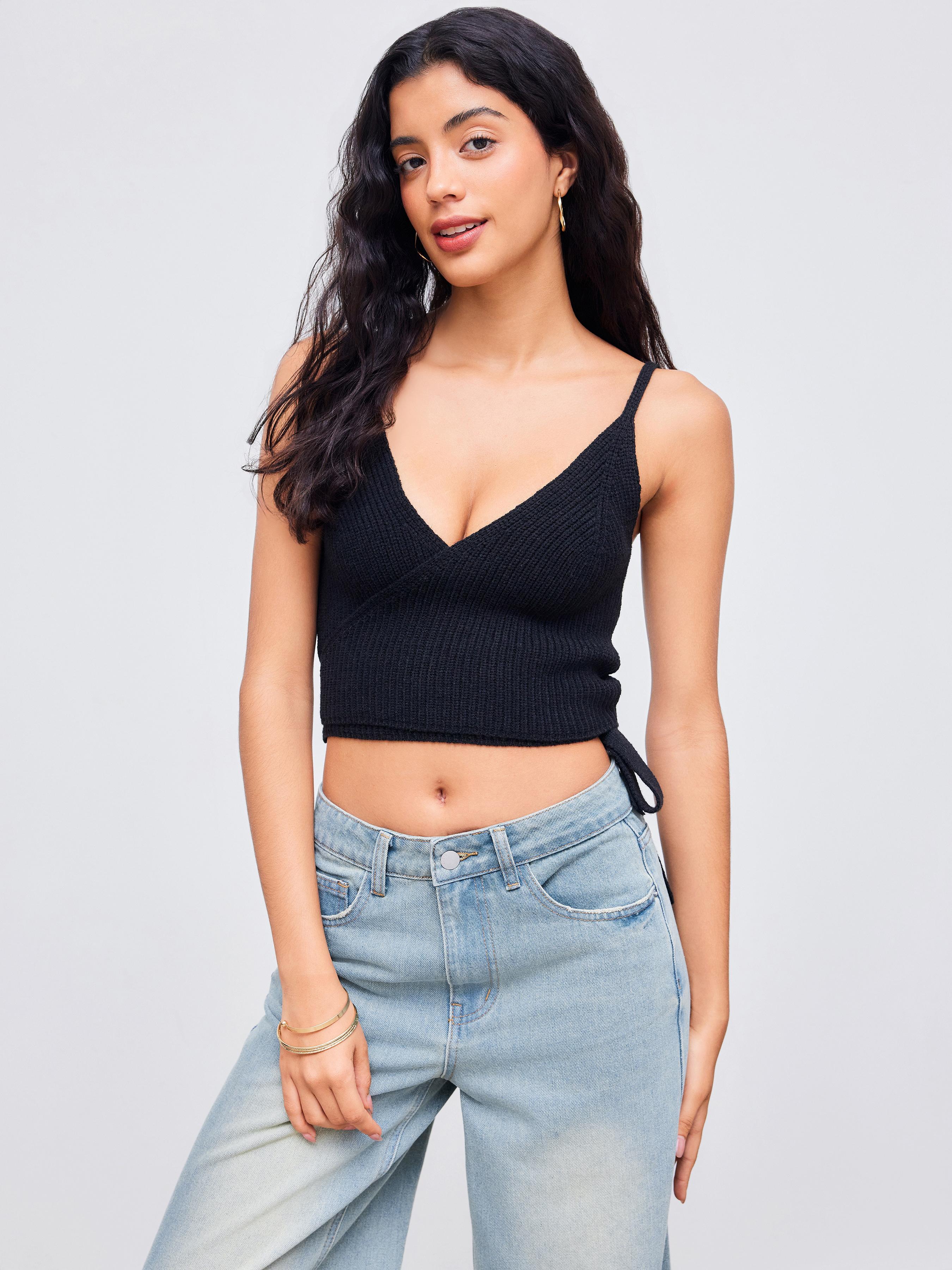 Knit V-neck Solid Wrap Crop Cami Top Product Image