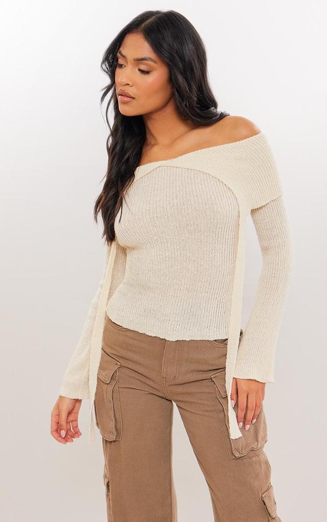 Tall Cream Knitted Long Sleeve Bardot Top Product Image