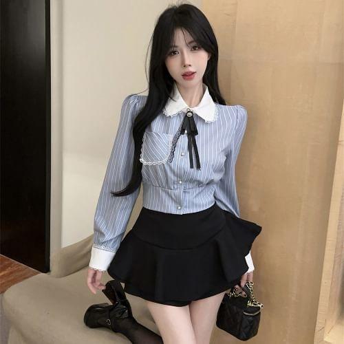 Long-Sleeve Striped Shirt / Ribbon / Mini A-Line Skirt Product Image