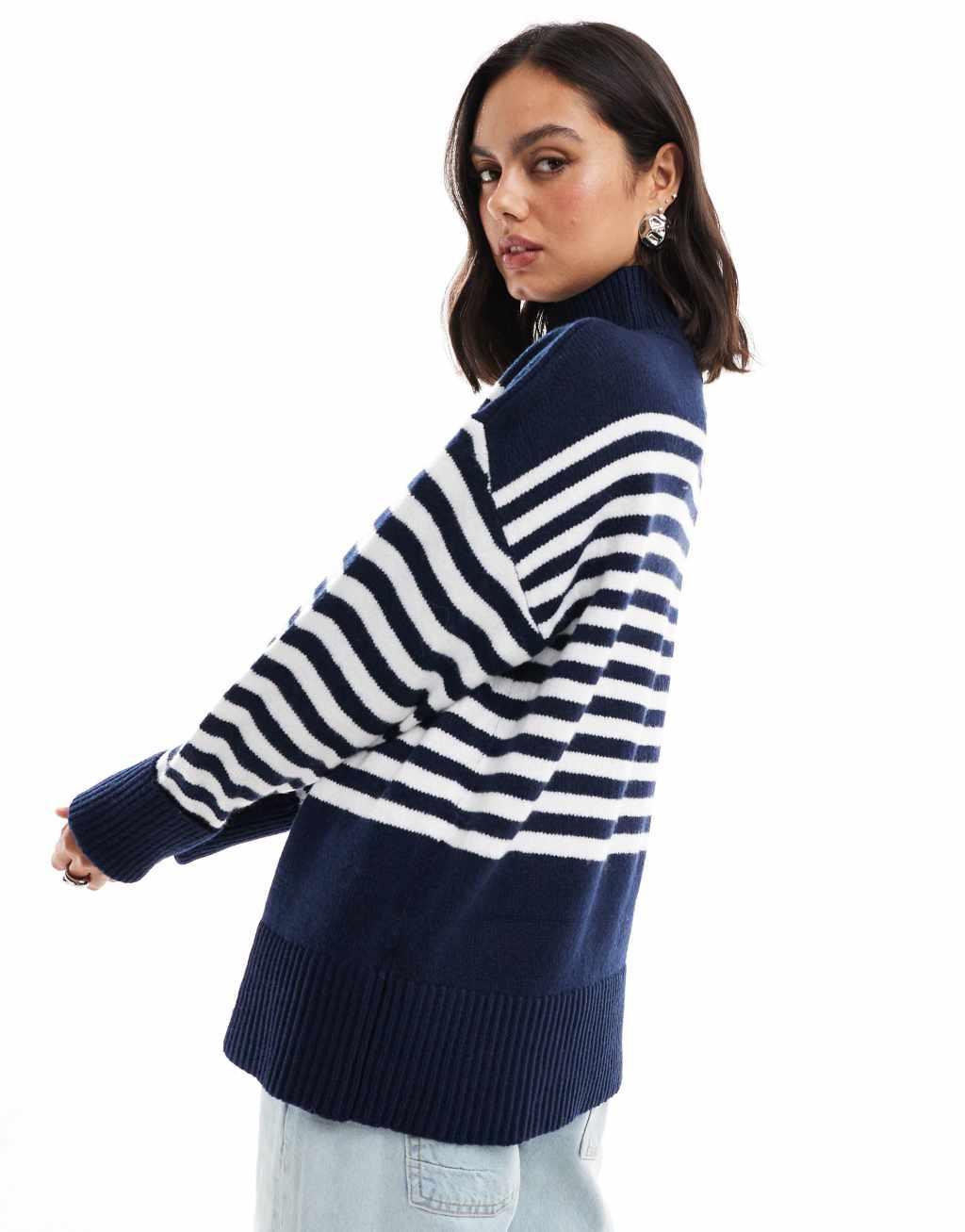 ASOS DESIGN knitted high neck sweater with turn back cuffs in navy stripe Product Image