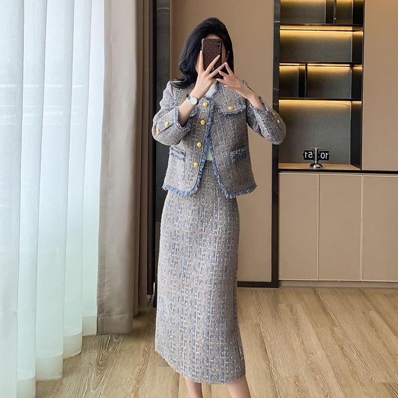 Crew Neck Fringed Contrast Trim Tweed Button Jacket / High Rise Slit Midi H-Line Skirt / Long-Sleeve Mock Neck Plain Knit Top / Set Product Image