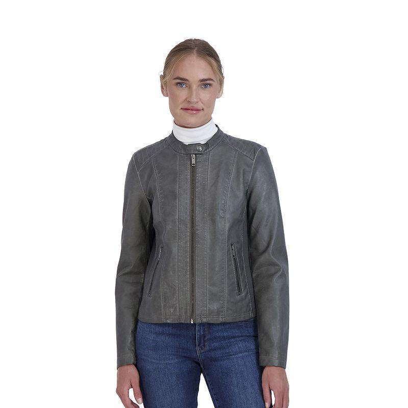 Womens Sebby Collection Faux-Leather Racing Jacket Grey Product Image