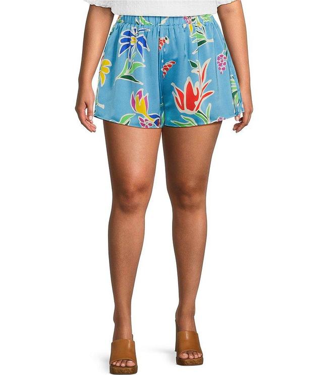 Sugarlips Plus Size Satin Tropical Floral Print Flowy Pull-On Shorts Product Image