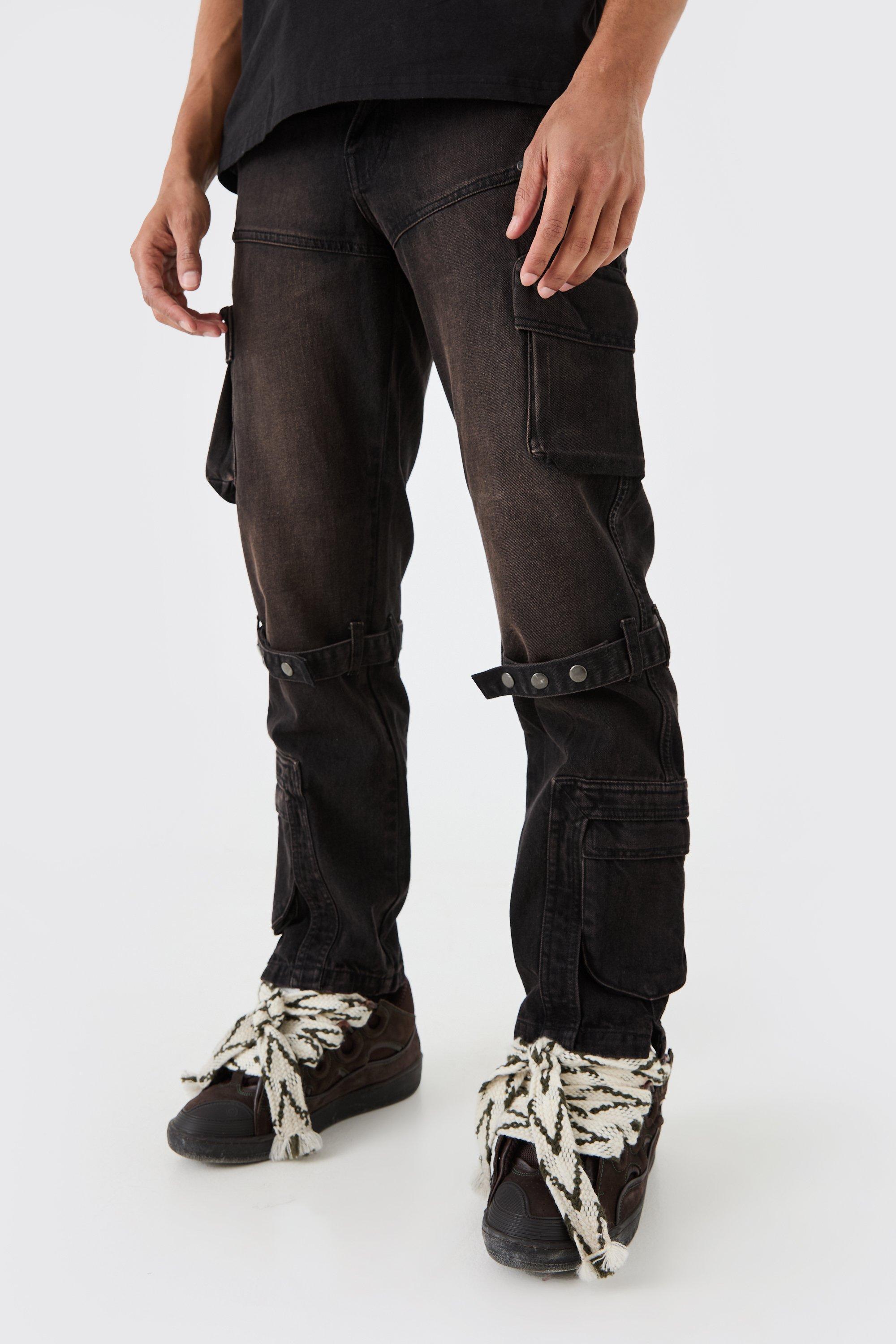 Relaxed Rigid Strap Detail Cargo Jeans In Washed Black | boohooMAN USA Product Image