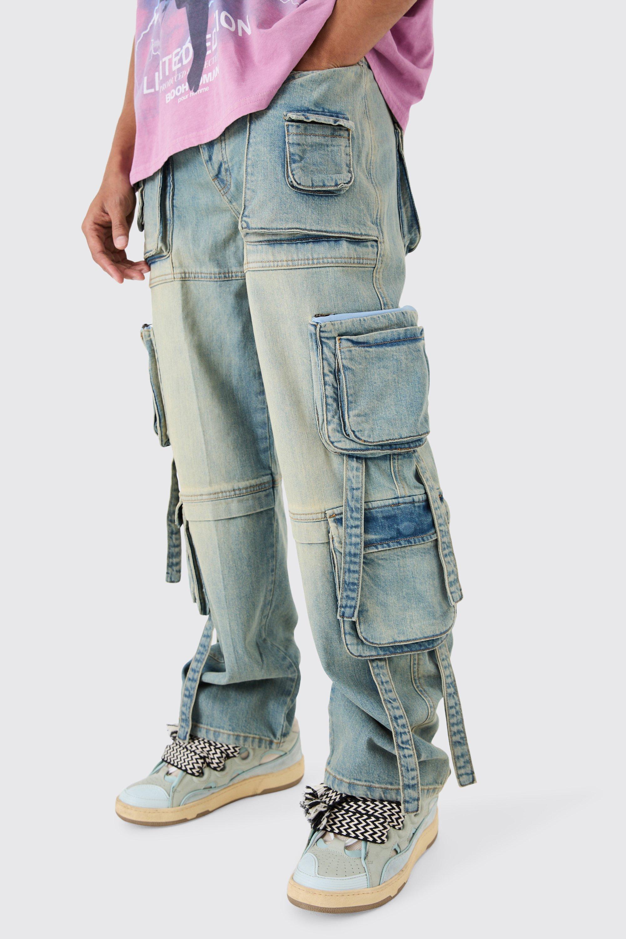 Baggy Rigid Mulit Pocket Cargo Strap Denim Jean In Light Blue | boohooMAN USA Product Image