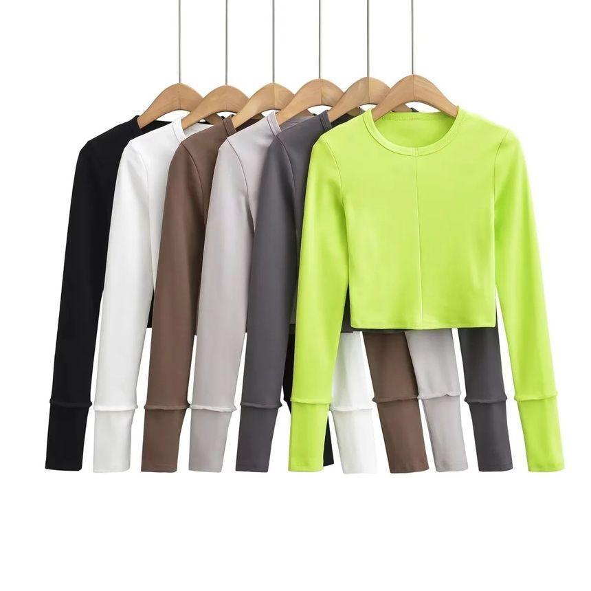 Long-Sleeve Round Neck Plain Crop Tee Product Image