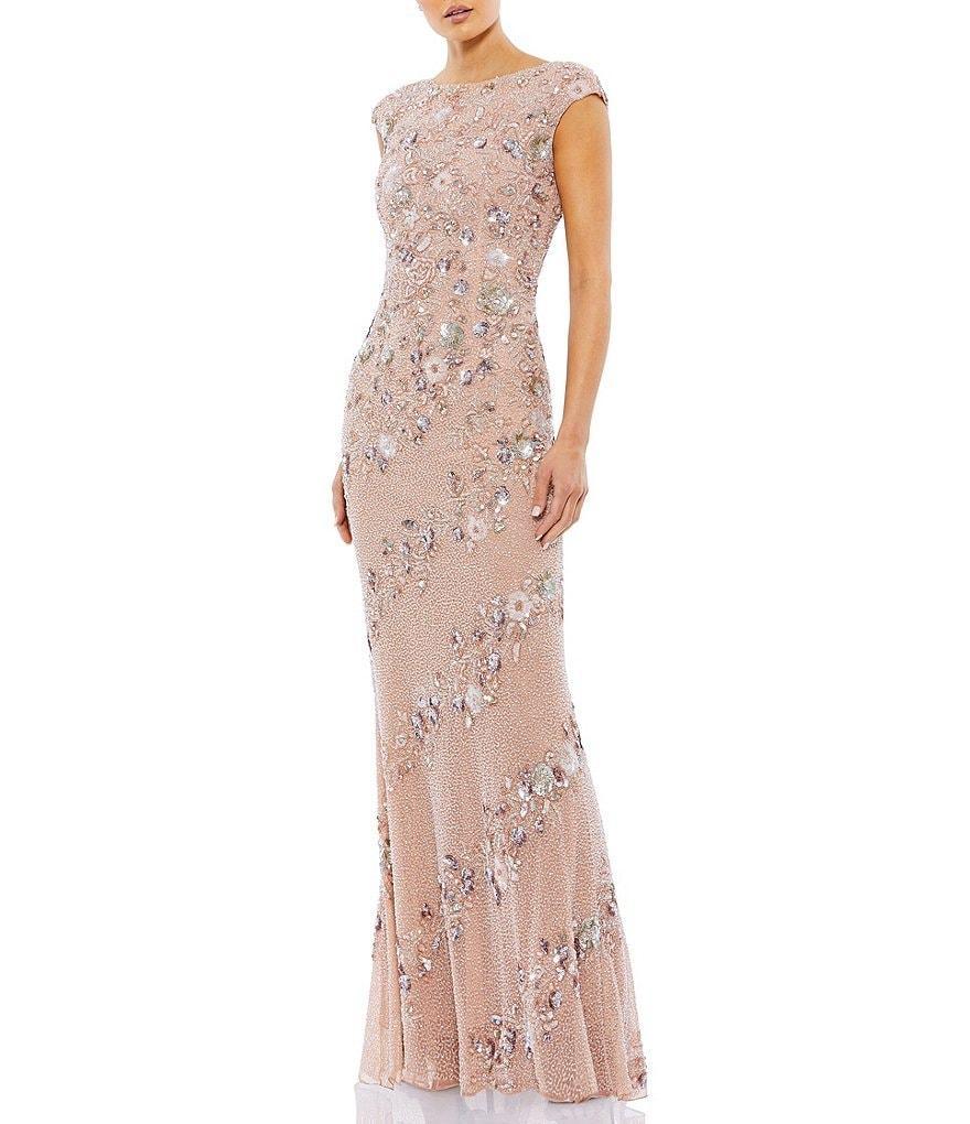 Mac Duggal Beaded Boat Neck Cap Sleeve Sheath Gown Product Image