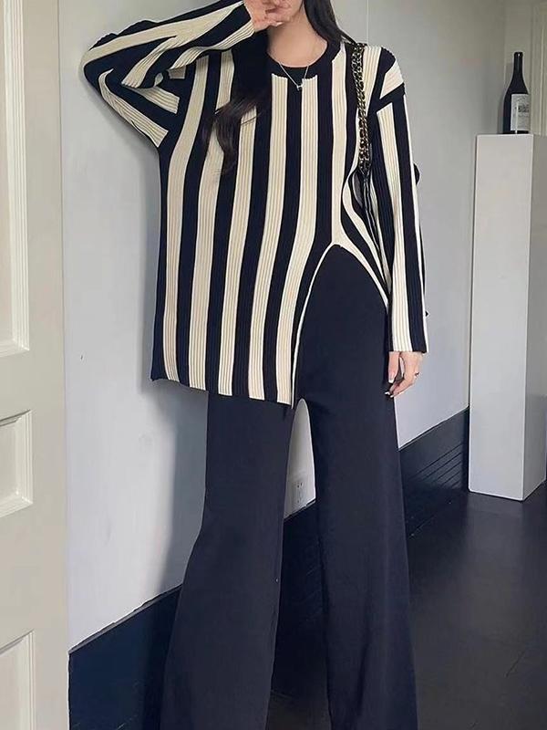 Long Sleeves Loose Pleated Split-Front Striped Round-Neck T-Shirt Top + Pants Bottom Two Pieces Set Product Image