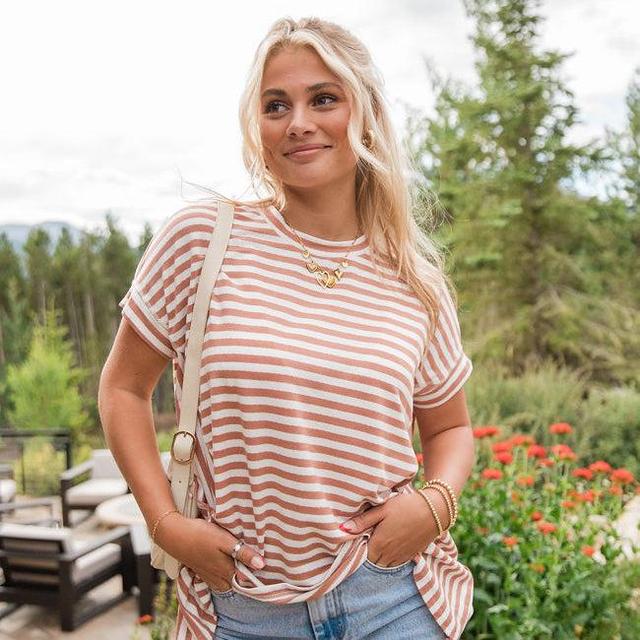 Had It All Tan and Ivory Oversized Stripe Tee Product Image