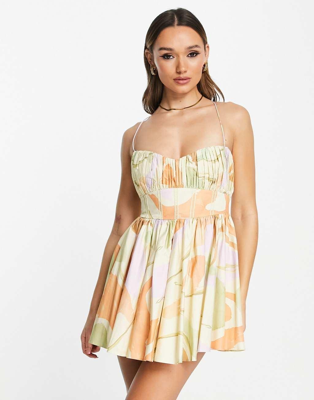 ASOS DESIGN cotton structured prom mini dress with corset detail in swirl print Product Image