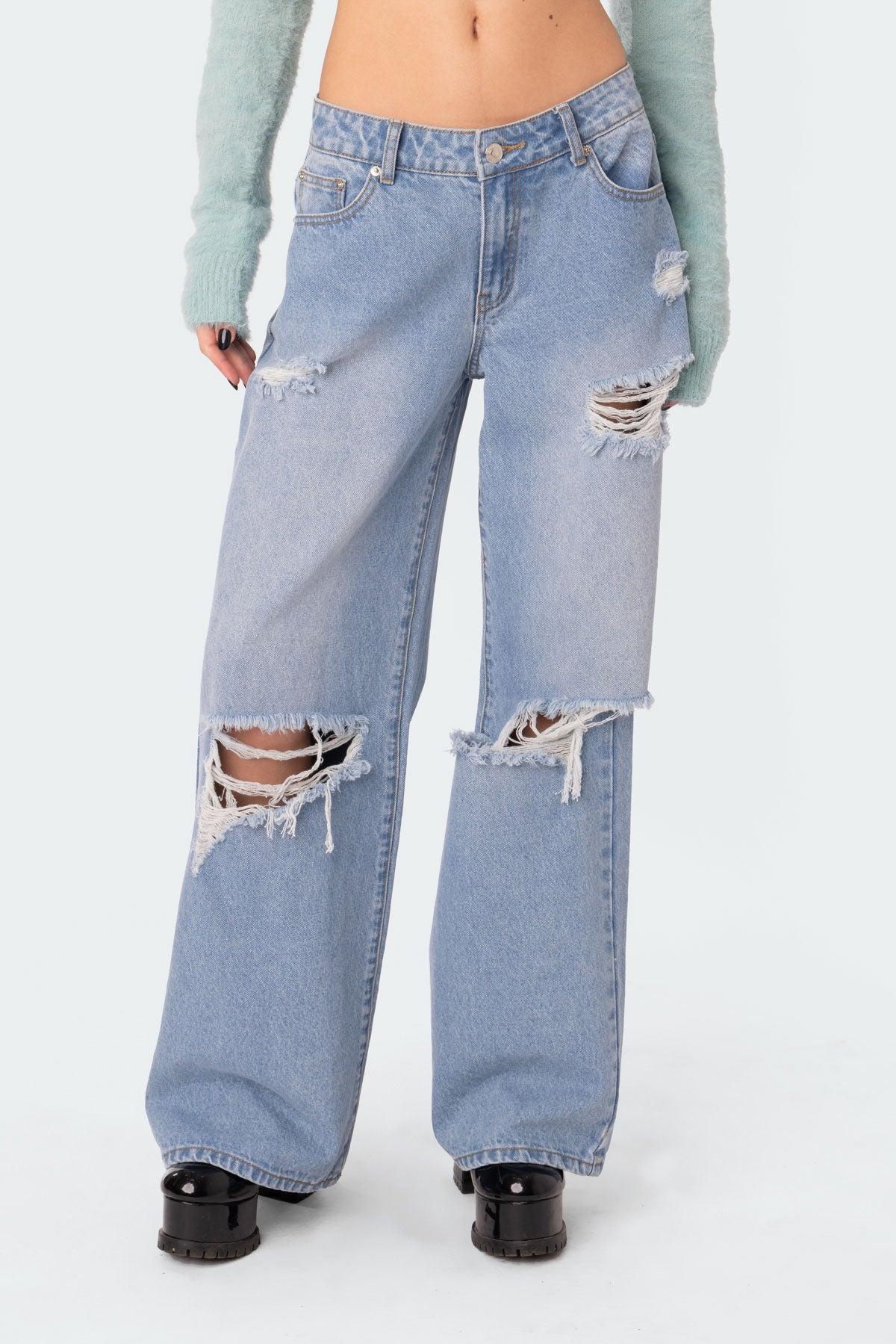 Distressed Low Rise Boyfriend Jeans Product Image