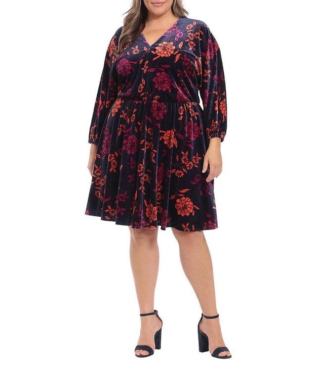 London Times Plus Size Long Sleeve V-Neck Floral Print Dress Product Image