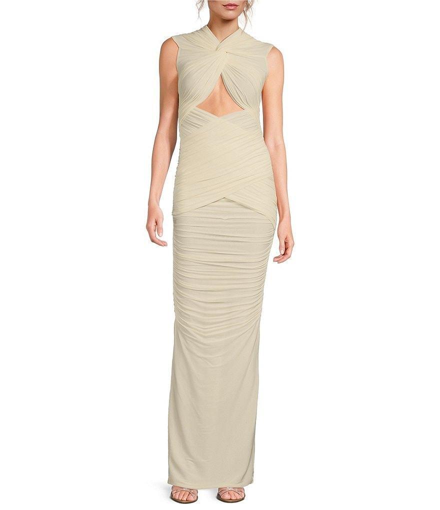 RONNY KOBO Nasha Jersey Knit High Neck Cut-Out Sleeveless Back Slit V-Back Ruched Bodycon Maxi Dress Product Image