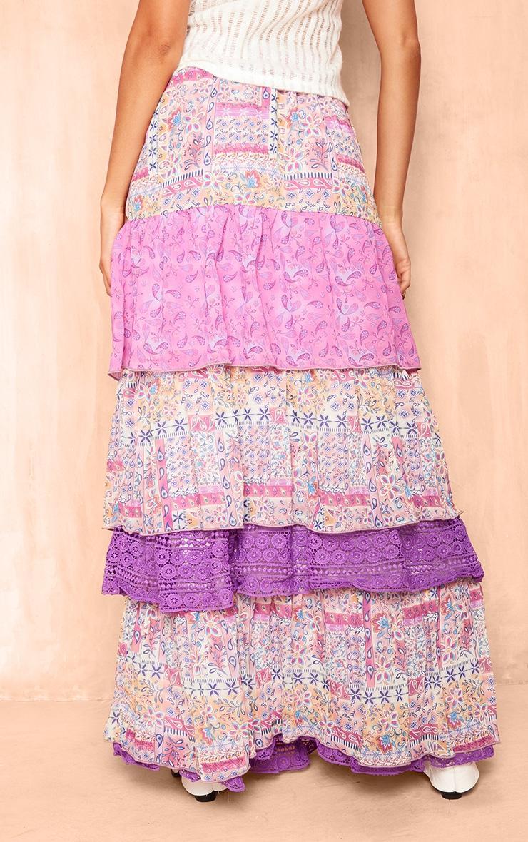 Purple Paisley Print Chiffon Tiered Maxi Skirt Product Image