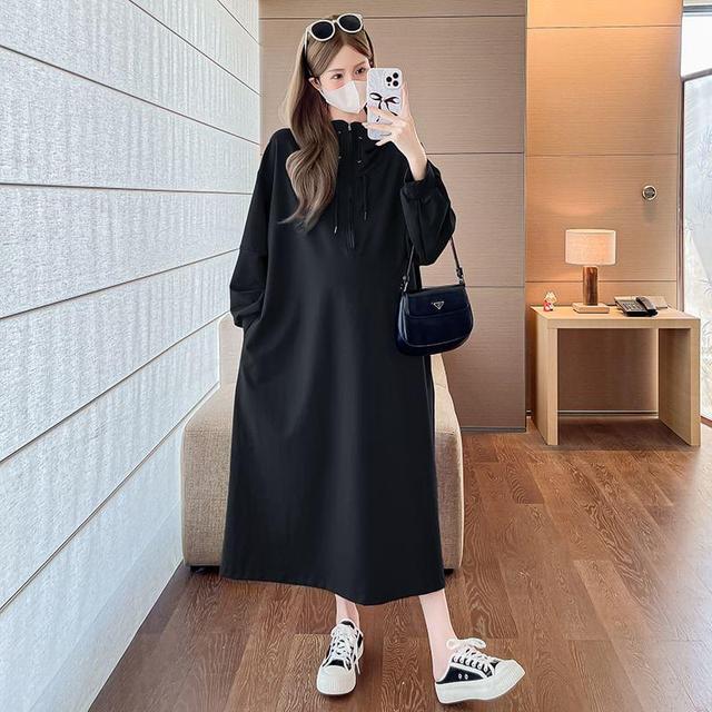 Maternity Long-Sleeve Half-Zip Plain Maxi Sweatshirt Dress Product Image