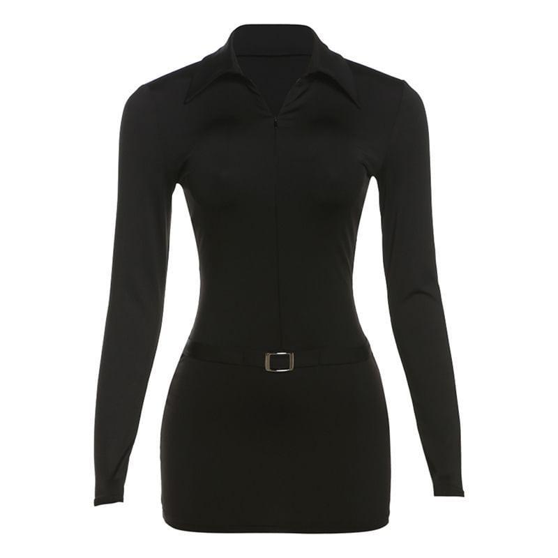 Long-Sleeve Collared Plain Buckled Half-Zip Mini Bodycon Dress Product Image